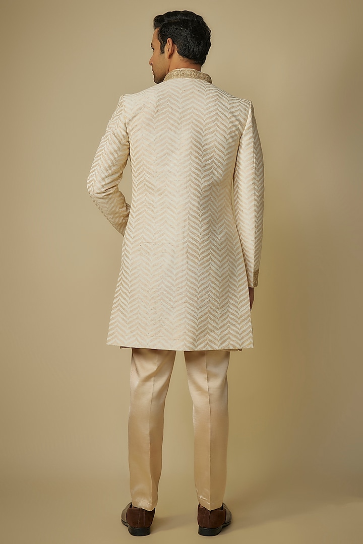 Ivory Pure Raw Silk Block Printed Wedding Indowestern Set by sharad raghav men at Pernia's Pop Up Shop
