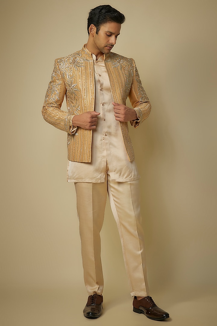 Gold Silk Crystal & Zari Embroidered Bandhgala Set by sharad raghav men