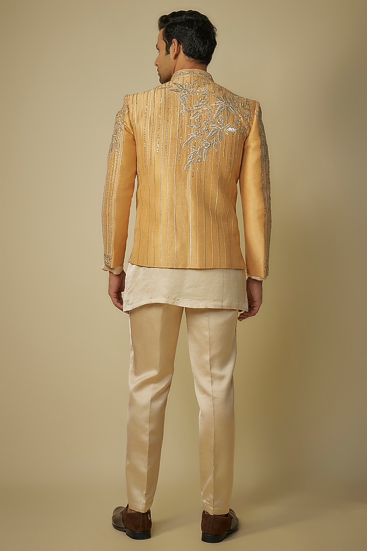 Gold Silk Crystal & Zari Embroidered Wedding Bandhgala Set by sharad raghav men at Pernia's Pop Up Shop
