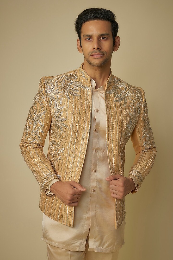 Gold Silk Crystal & Zari Embroidered Wedding Bandhgala Set by sharad raghav men at Pernia's Pop Up Shop
