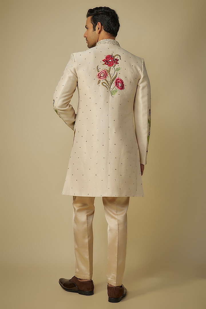 Ivory Zari Linen Resham & Kashmiri Embroidered Wedding Indowestern Set by Sharad Raghav men at Pernia's Pop Up Shop