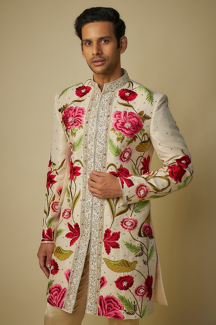 Ivory Zari Linen Resham & Kashmiri Embroidered Wedding Indowestern Set by Sharad Raghav men at Pernia's Pop Up Shop