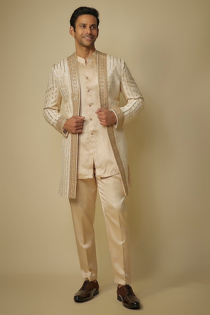 Ivory Pure Raw Silk Block Printed Indowestern Set by sharad raghav men