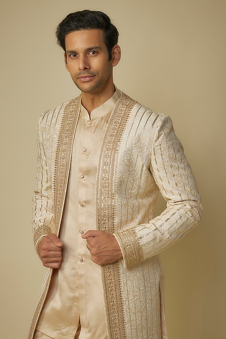 Ivory Pure Raw Silk Block Printed Wedding Indowestern Set by Sharad Raghav men at Pernia's Pop Up Shop