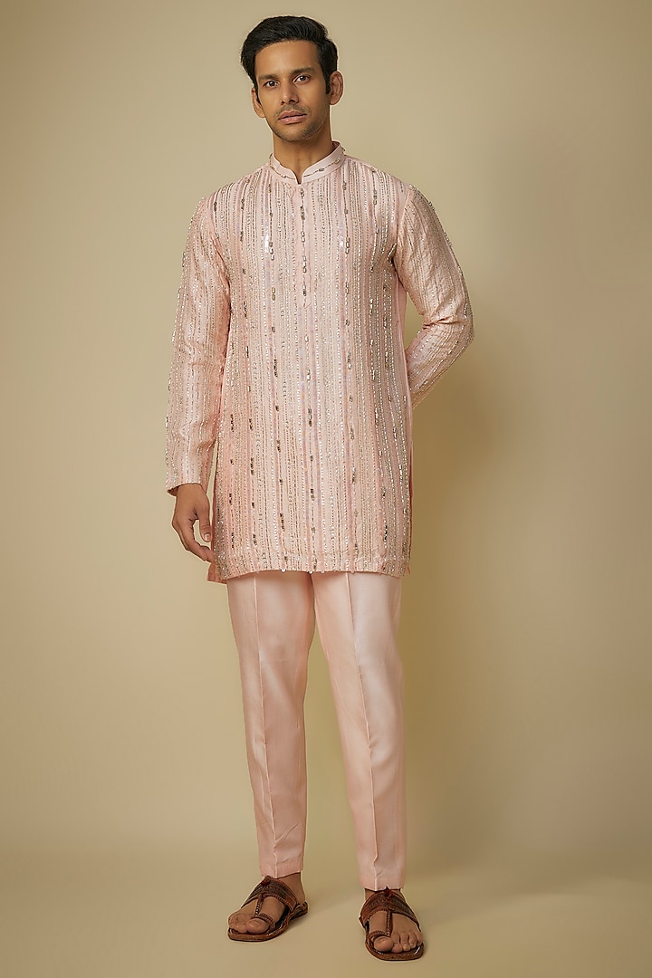 Peach Silk Crystal & Sequins Embroidered Kurta Set by sharad raghav men