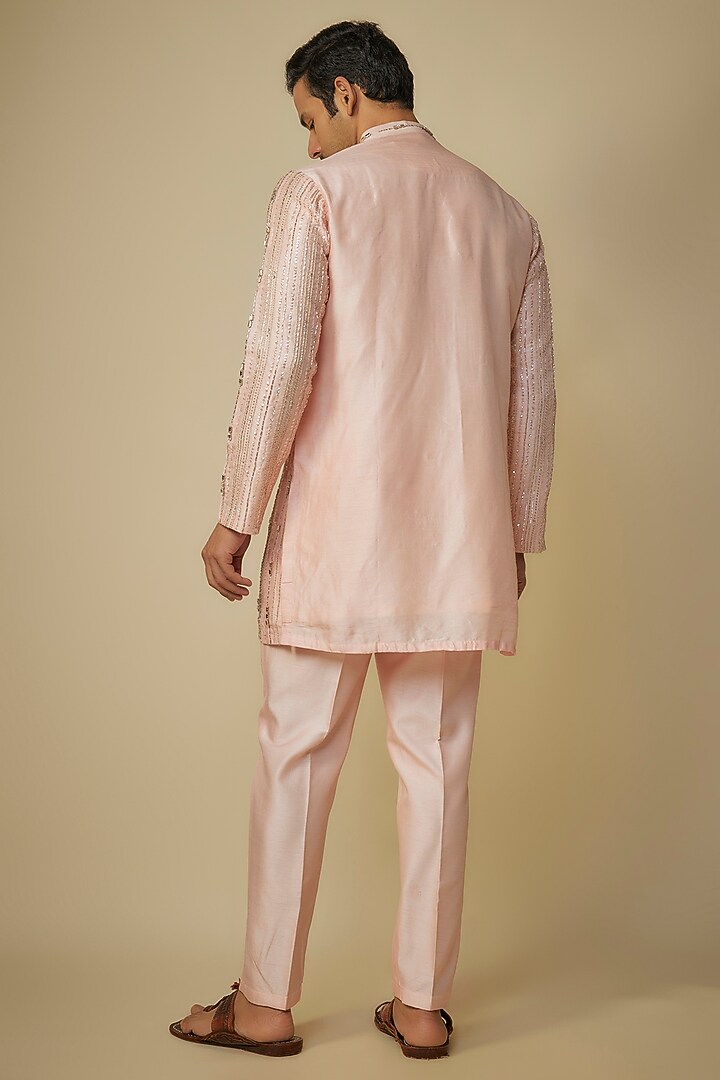 Peach Silk Crystal & Sequins Embroidered Kurta Set by Sharad Raghav men at Pernia's Pop Up Shop