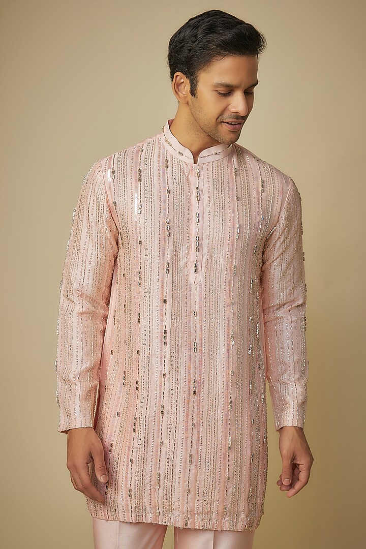 Peach Silk Crystal & Sequins Embroidered Kurta Set by Sharad Raghav men at Pernia's Pop Up Shop