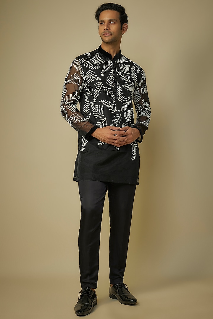 Black Organza Pearl Embroidered Kurta Set by sharad raghav men