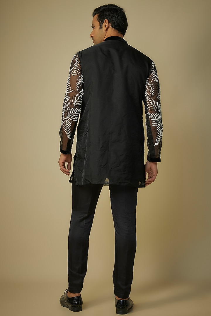 Black Organza Pearl Embroidered Kurta Set by Sharad Raghav men at Pernia's Pop Up Shop