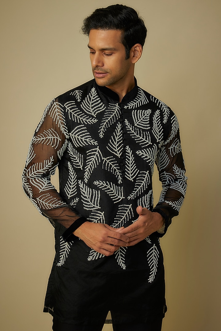 Black Organza Pearl Embroidered Kurta Set by Sharad Raghav men at Pernia's Pop Up Shop