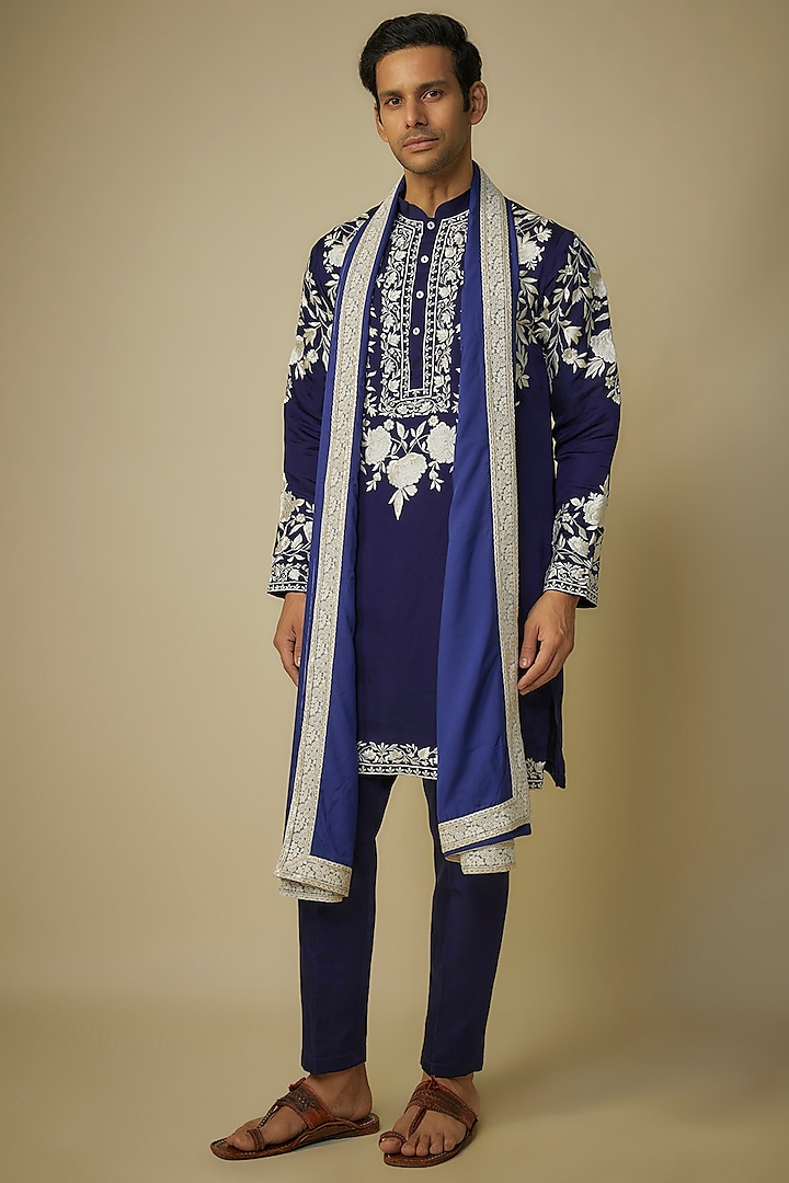 Blue Silk Resham & Kashmiri Embroidered Kurta Set by sharad raghav men at Pernia's Pop Up Shop