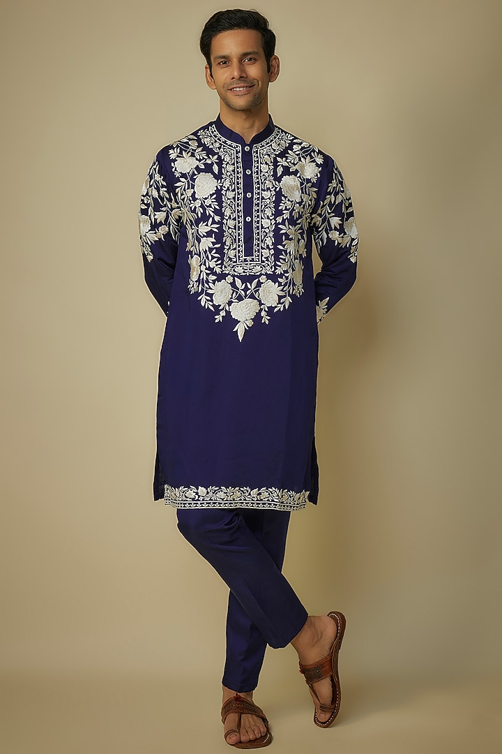 Blue Silk Resham & Kashmiri Embroidered Kurta Set by Sharad Raghav men at Pernia's Pop Up Shop
