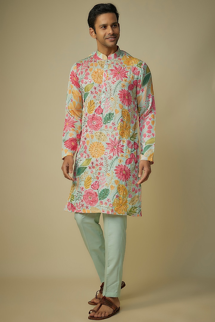 Pista Green Linen Silk Floral Printed & Hand Embroidered Kurta Set by sharad raghav men