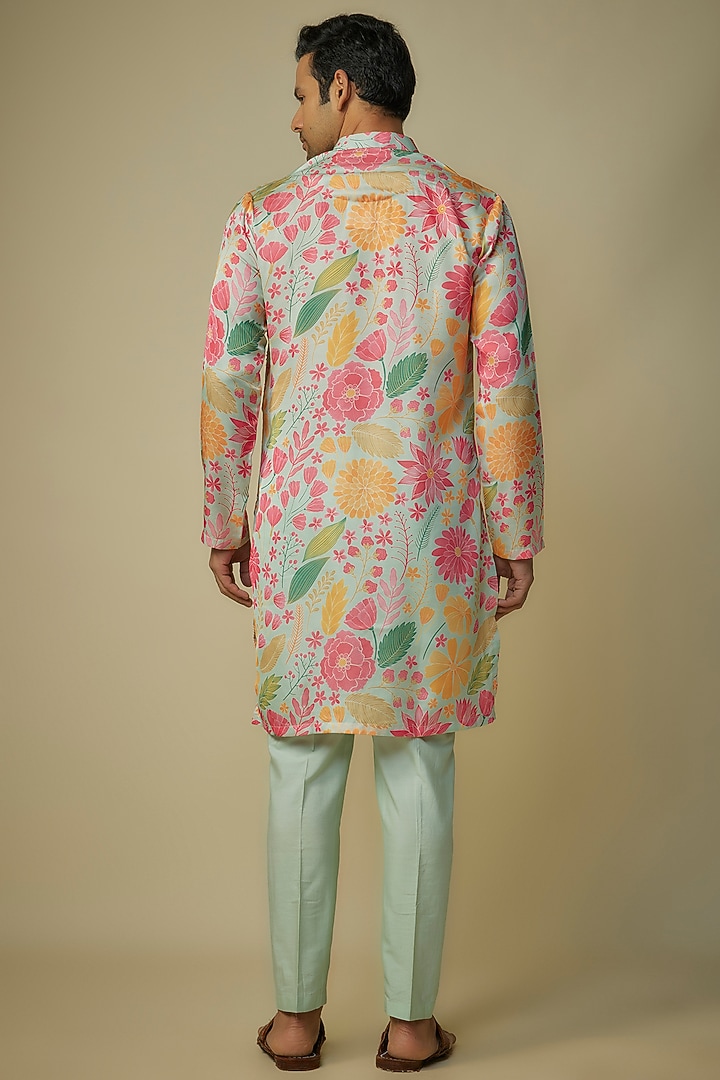 Pista Green Linen Silk Floral Printed & Hand Embroidered Kurta Set by Sharad Raghav men at Pernia's Pop Up Shop