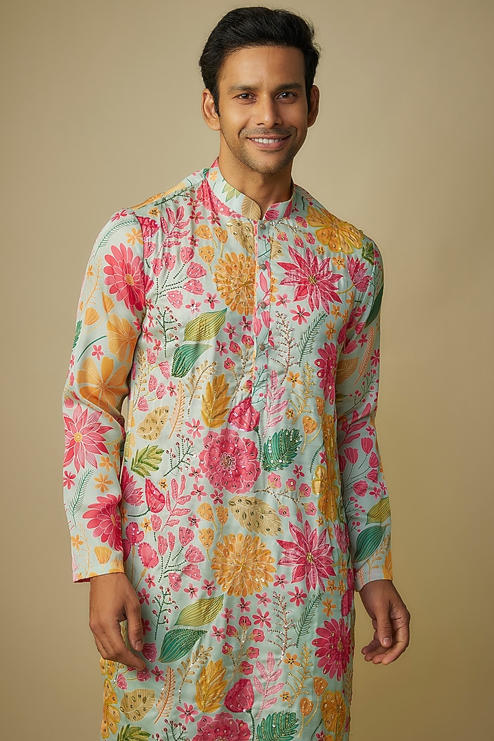 Pista Green Linen Silk Floral Printed & Hand Embroidered Kurta Set by Sharad Raghav men at Pernia's Pop Up Shop