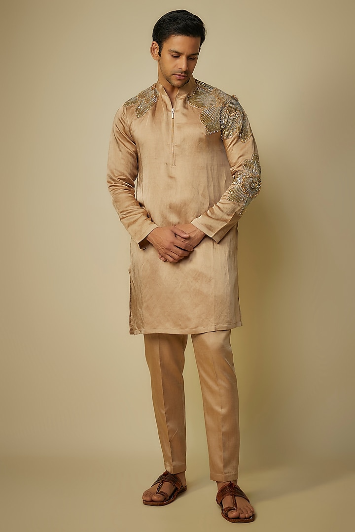 Gold Linen Silk Patchwork Embroidered Kurta Set by Sharad raghav men at Pernia's Pop Up Shop