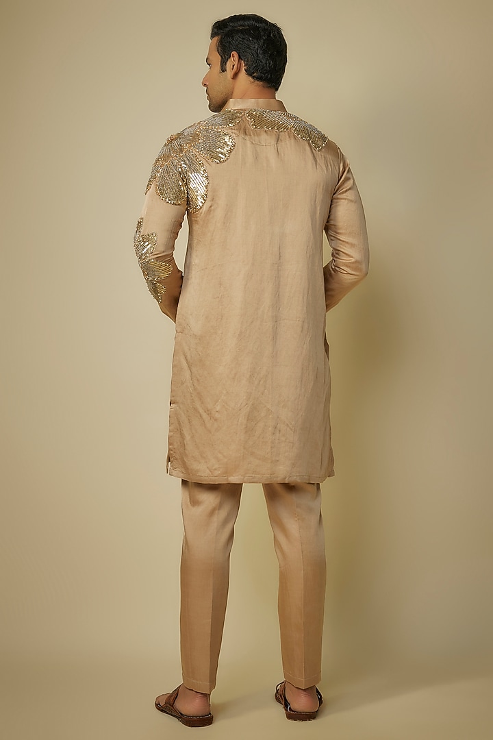 Gold Linen Silk Patchwork Embroidered Kurta Set by Sharad Raghav men at Pernia's Pop Up Shop
