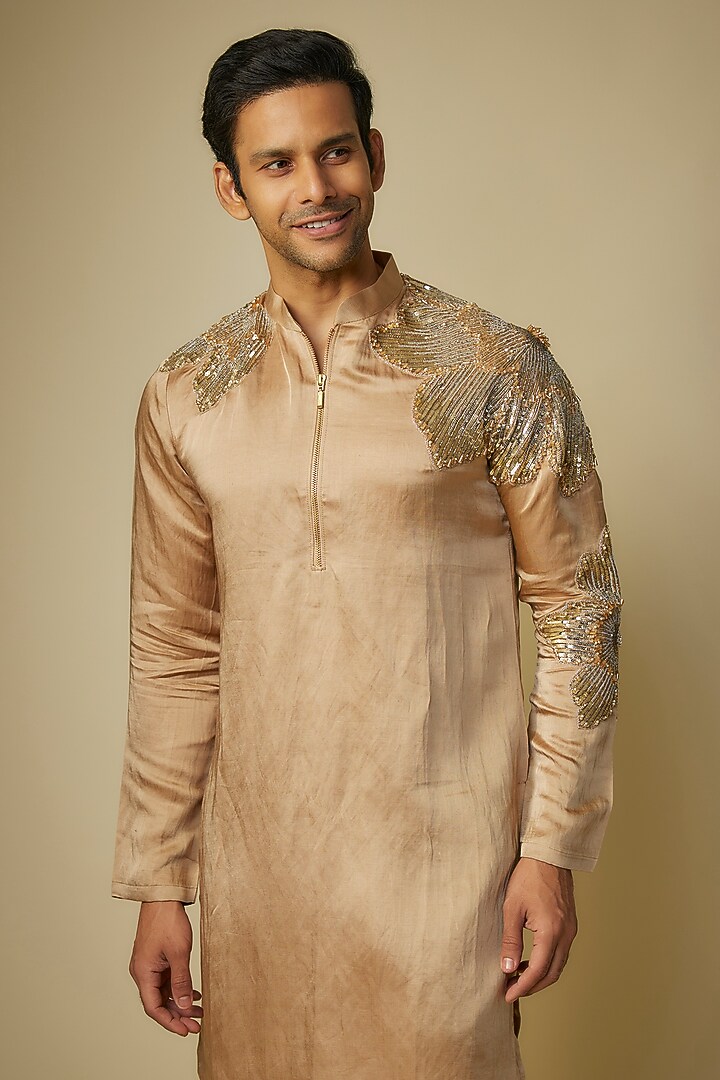 Gold Linen Silk Patchwork Embroidered Kurta Set by Sharad Raghav men at Pernia's Pop Up Shop