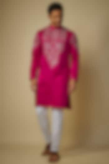 Fuchsia Pink Linen Silk Hand Embroidered Kurta Set by sharad raghav men