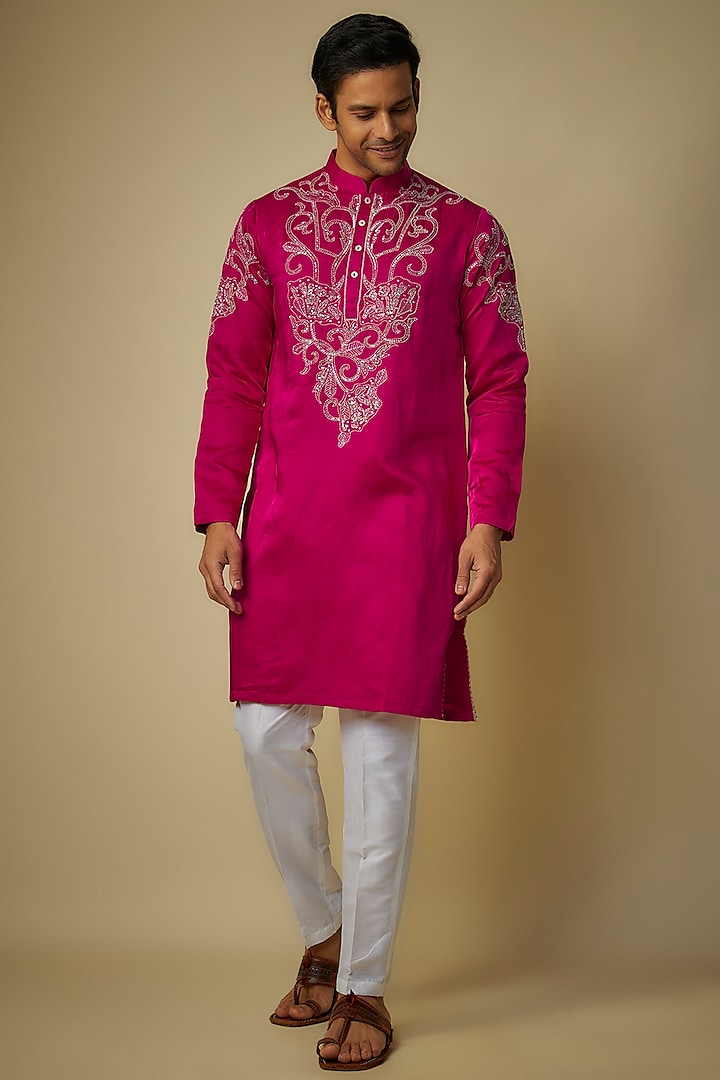 Fuchsia Pink Linen Silk Hand Embroidered Kurta Set by sharad raghav men