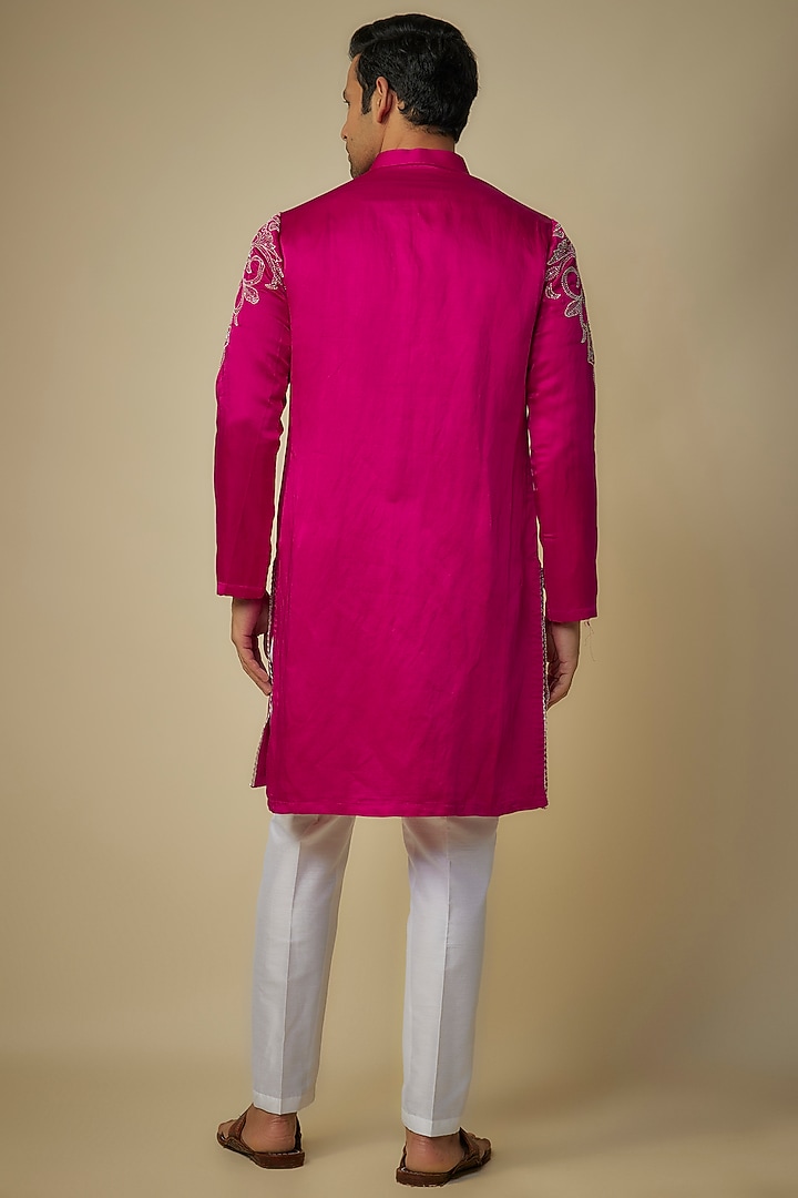 Fuchsia Pink Linen Silk Hand Embroidered Kurta Set by Sharad Raghav men at Pernia's Pop Up Shop