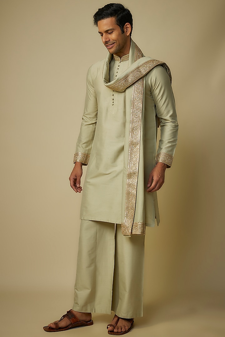 Pistachio Green Poly Silk Kurta Set by sharad raghav men