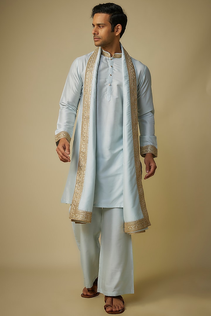 Powder Blue Poly Silk Kurta Set by sharad raghav men