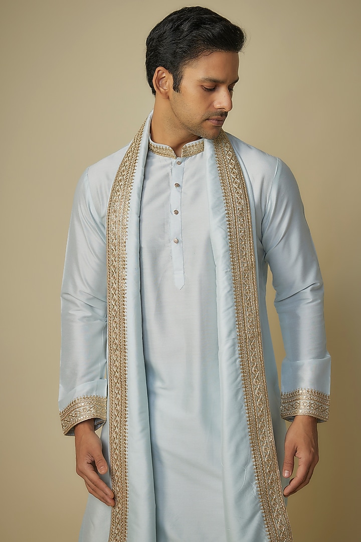 Powder Blue Poly Silk Kurta Set by Sharad Raghav men at Pernia's Pop Up Shop