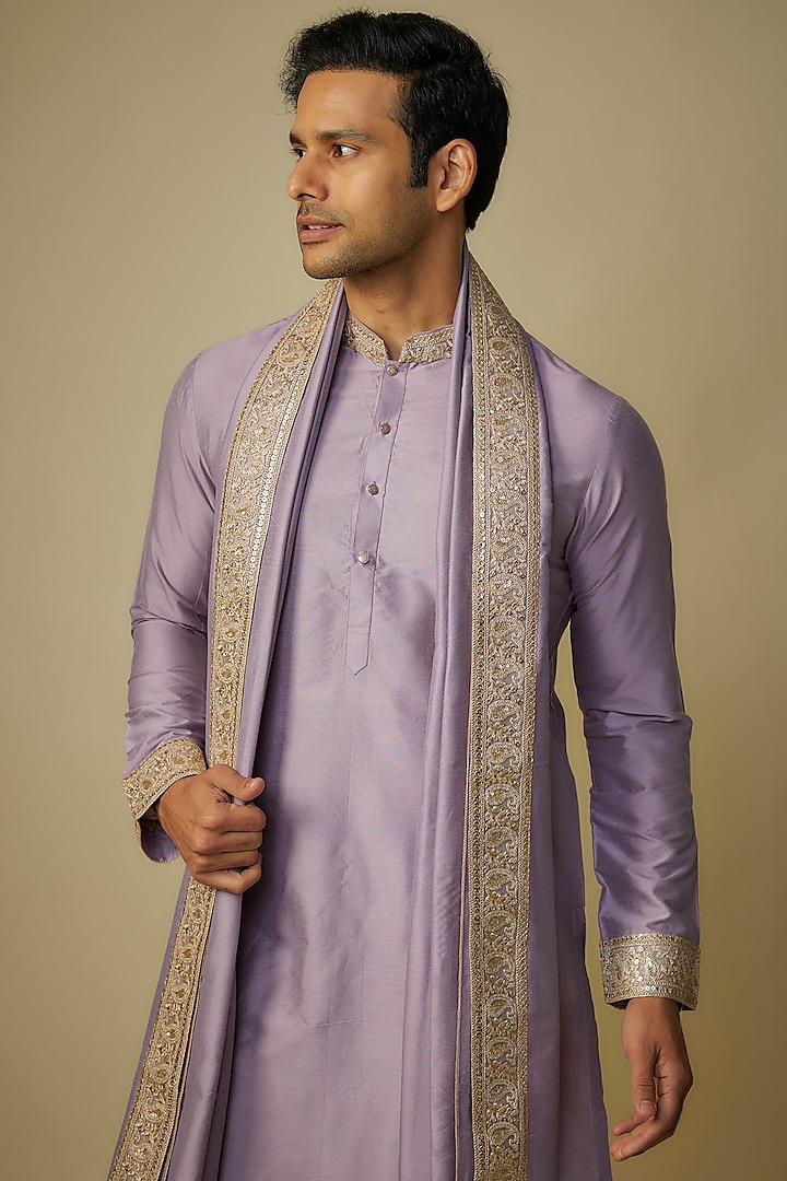 Pastel Lavender Poly Silk Kurta Set by Sharad Raghav men at Pernia's Pop Up Shop
