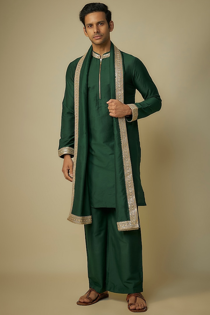 Emerald Green Poly Silk Kurta Set by sharad raghav men