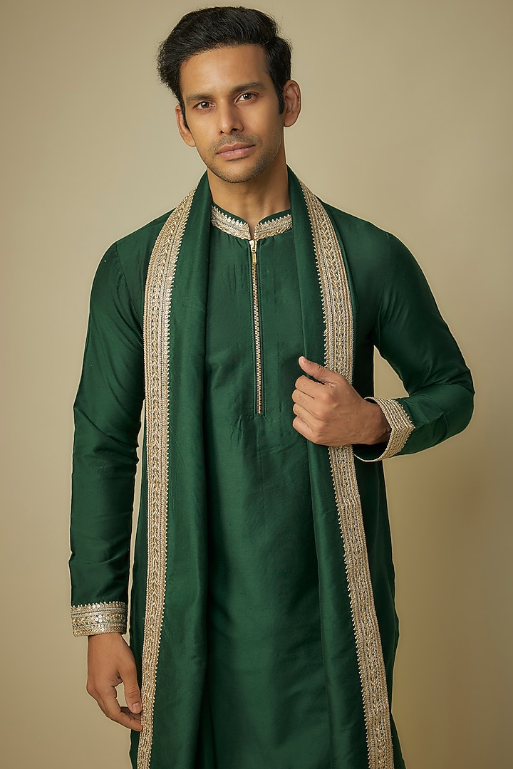 Emerald Green Poly Silk Kurta Set by Sharad Raghav men at Pernia's Pop Up Shop