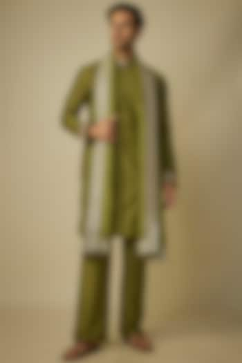 Olive Green Poly Silk Kurta Set by sharad raghav men