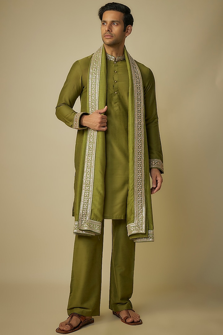 Olive Green Poly Silk Kurta Set by sharad raghav men