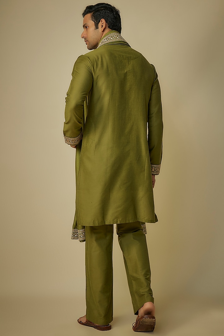 Olive Green Poly Silk Kurta Set by Sharad Raghav men at Pernia's Pop Up Shop
