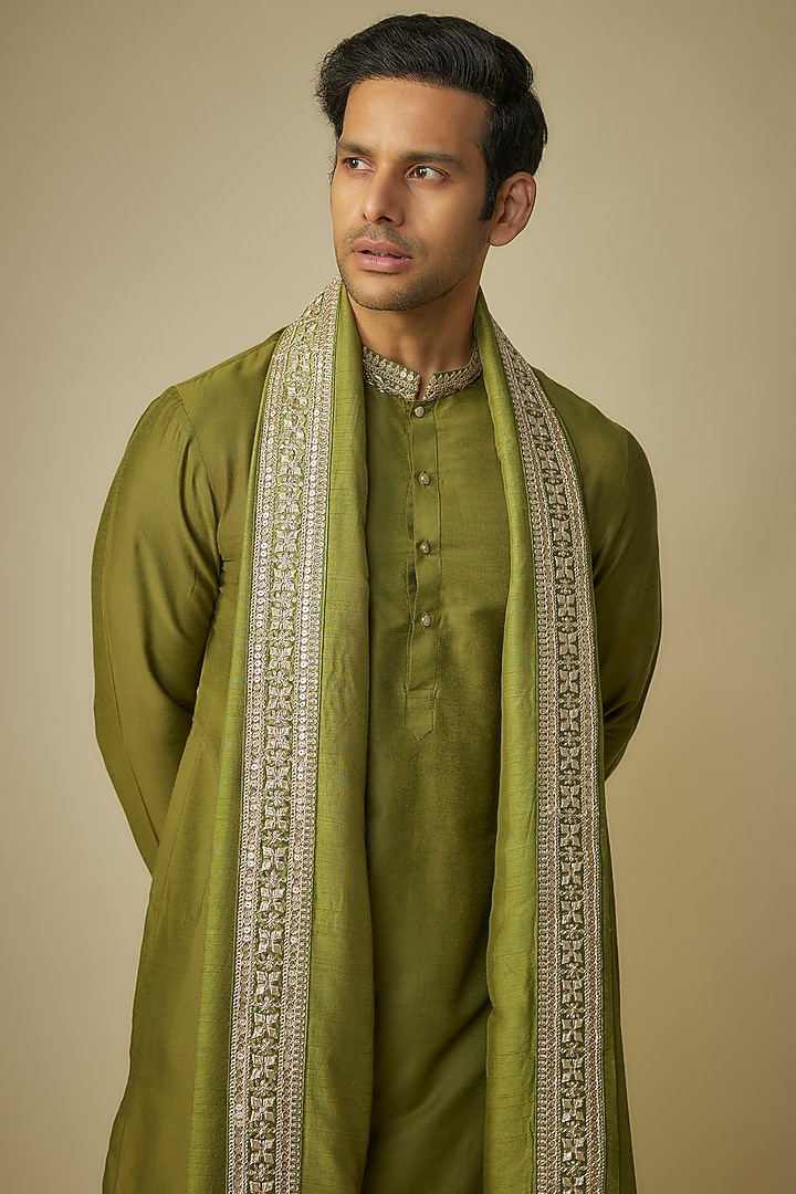 Olive Green Poly Silk Kurta Set by Sharad Raghav men at Pernia's Pop Up Shop