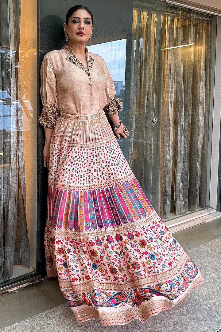 Beige Jacquard Sequins Hand Embroidered Skirt Set by SHRADDHA RAMBHIA at Pernia's Pop Up Shop