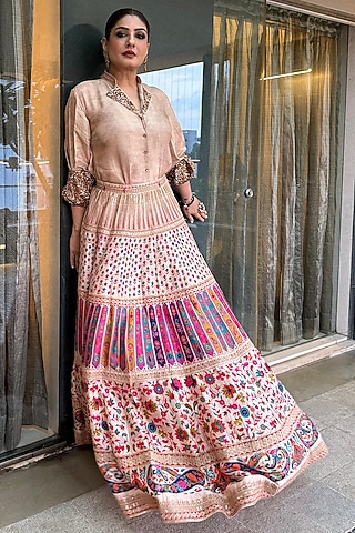 Beige Jacquard Sequins Hand Embroidered Skirt Set by SHRADDHA RAMBHIA