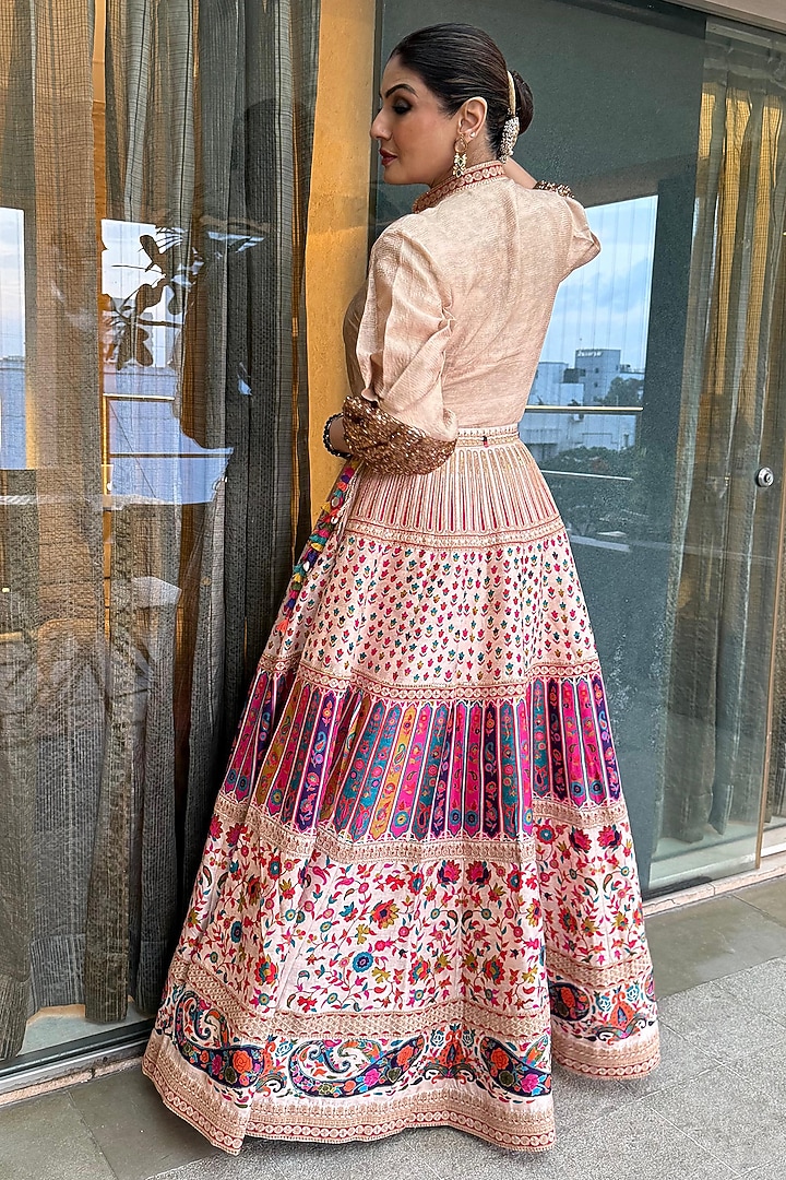 Beige Jacquard Sequins Hand Embroidered Skirt Set by SHRADDHA RAMBHIA at Pernia's Pop Up Shop