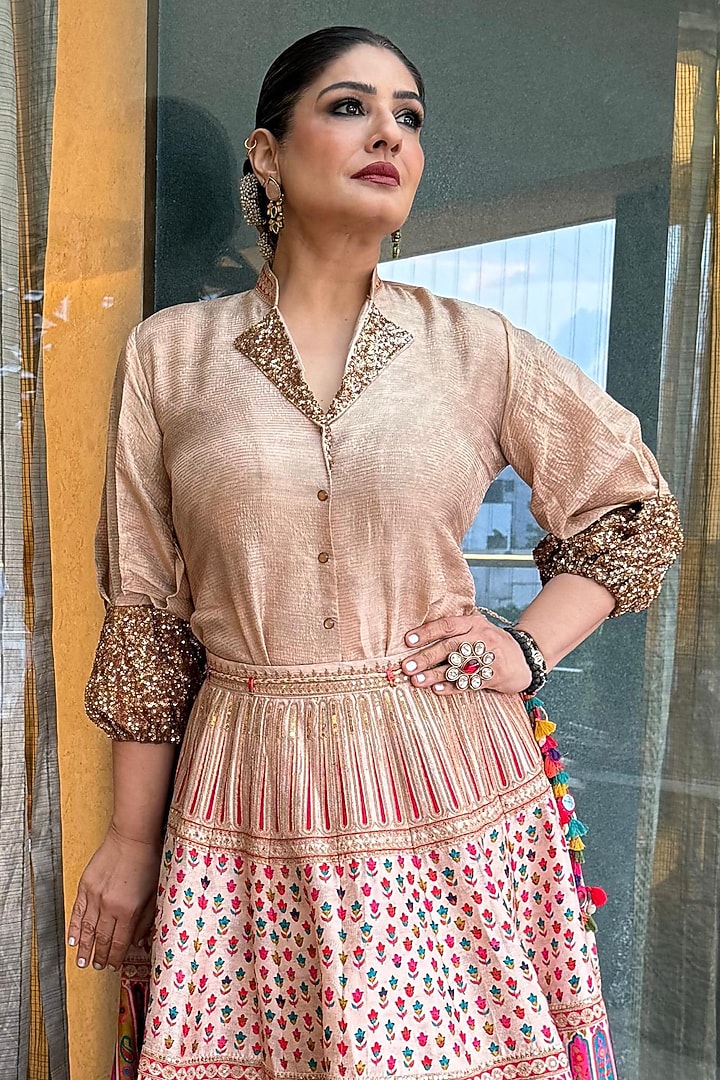 Beige Jacquard Sequins Hand Embroidered Skirt Set by SHRADDHA RAMBHIA at Pernia's Pop Up Shop