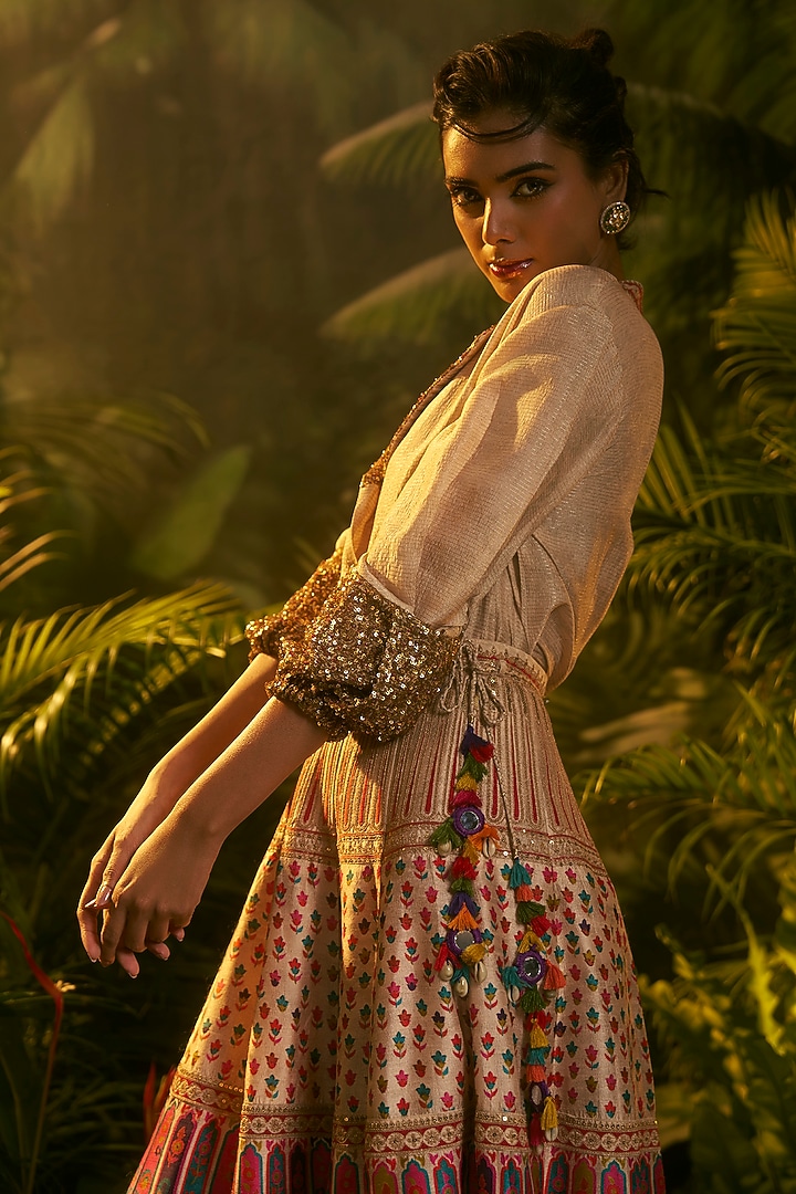 Beige Jacquard Sequins Hand Embroidered Skirt Set by SHRADDHA RAMBHIA at Pernia's Pop Up Shop