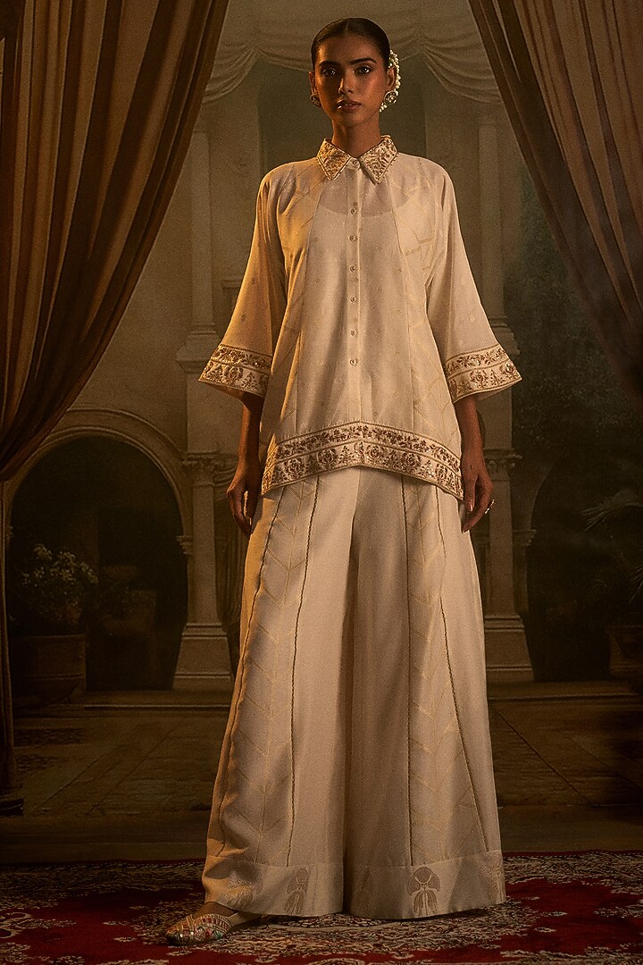 Ivory Chanderi Weave Butti Dori Embroidered Palazzo Pant Set by SHRADDHA RAMBHIA at Pernia's Pop Up Shop
