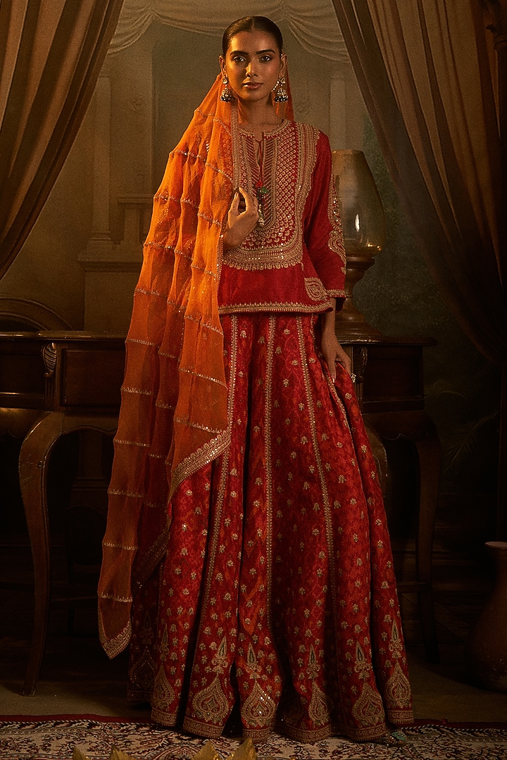 Red Slub Silk Patola Printed Palazzo Pant Set by SHRADDHA RAMBHIA at Pernia's Pop Up Shop
