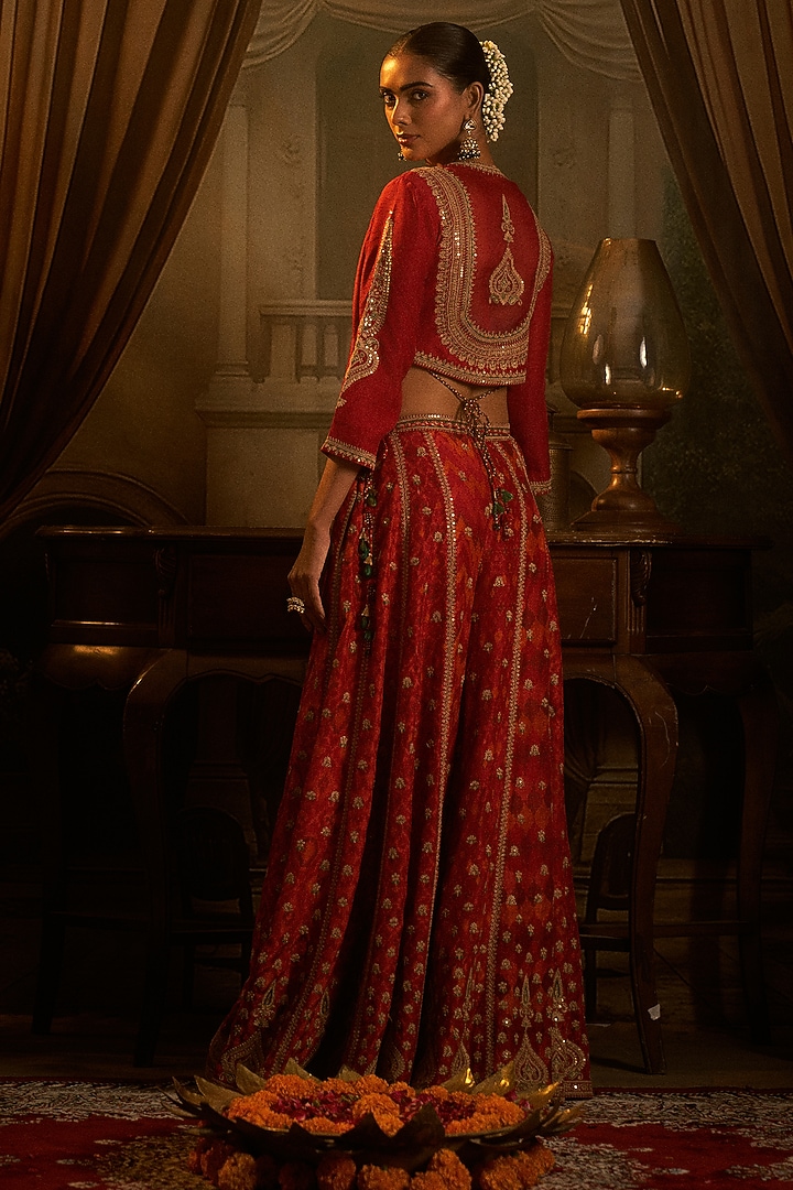 Red Slub Silk Patola Printed Palazzo Pant Set by SHRADDHA RAMBHIA at Pernia's Pop Up Shop