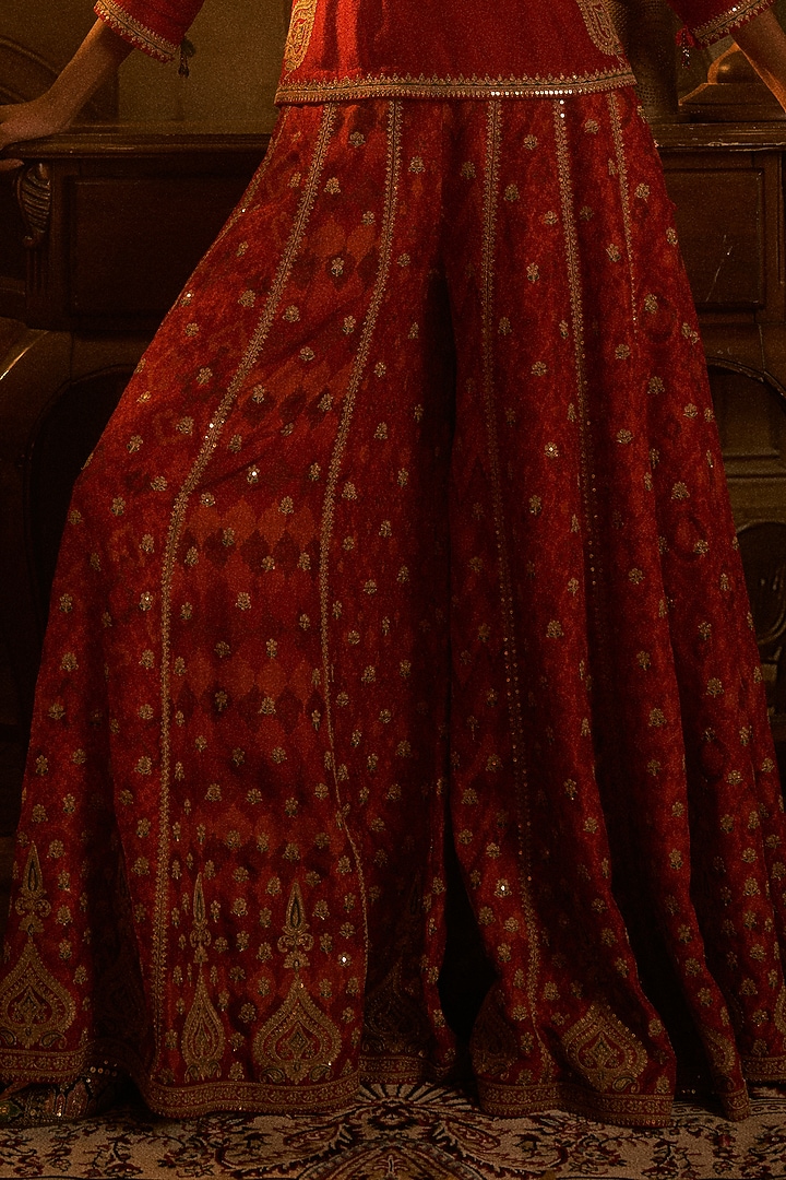 Red Slub Silk Patola Printed Palazzo Pant Set by SHRADDHA RAMBHIA at Pernia's Pop Up Shop