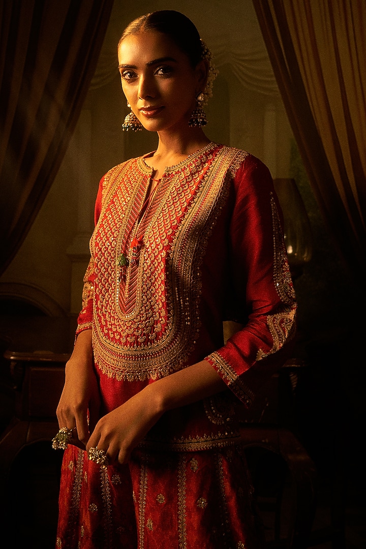 Red Slub Silk Patola Printed Palazzo Pant Set by SHRADDHA RAMBHIA at Pernia's Pop Up Shop