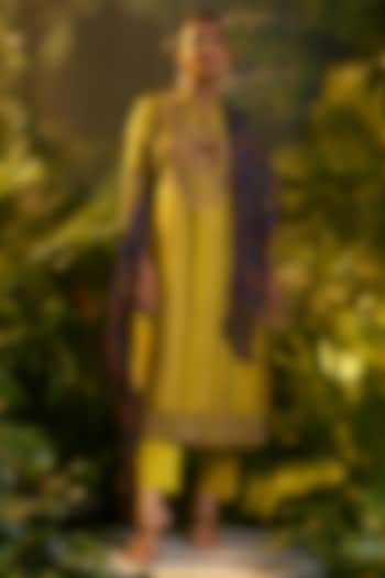 Mustard Linen Silk Resham Embroidered Kurta Set by SHRADDHA RAMBHIA at Pernia's Pop Up Shop