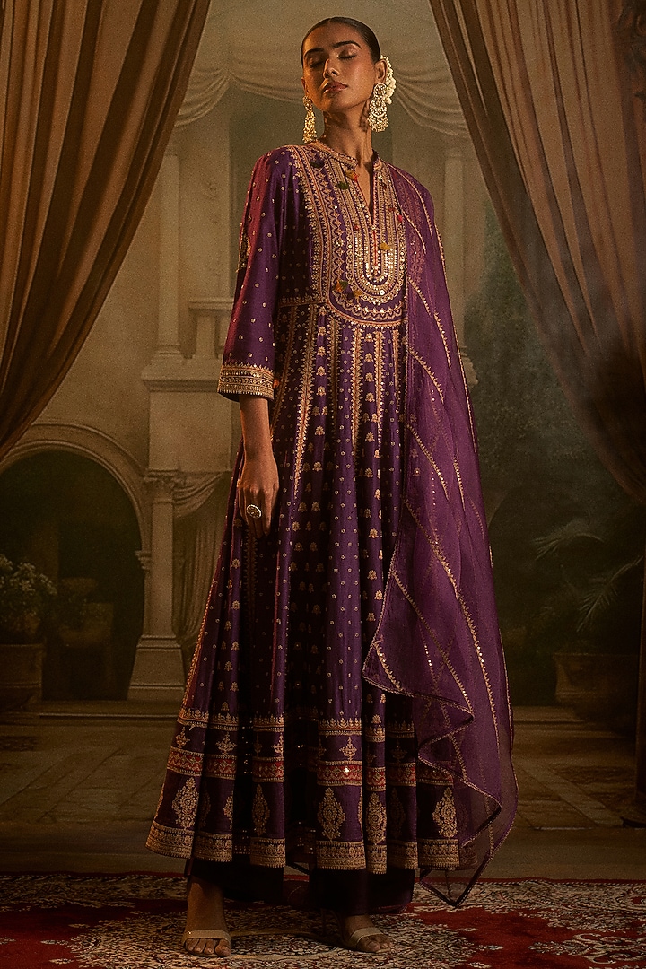 Purple Vegan Silk Embellished Kalidar Wedding Anarkali Set by SHRADDHA RAMBHIA at Pernia's Pop Up Shop