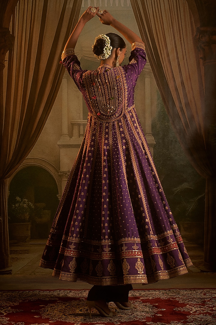 Purple Vegan Silk Embellished Kalidar Wedding Anarkali Set by SHRADDHA RAMBHIA at Pernia's Pop Up Shop