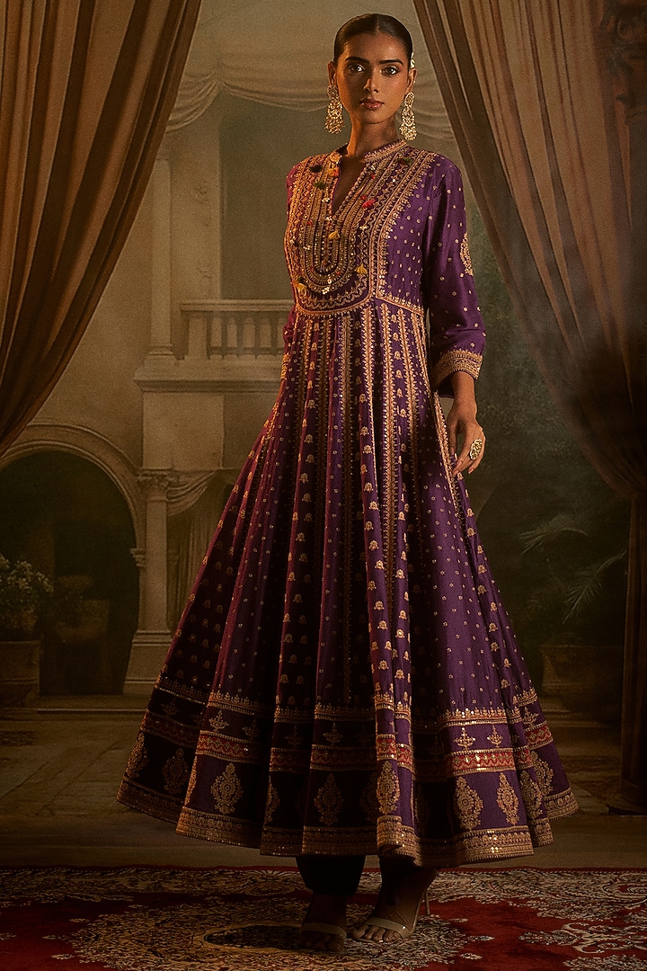 Purple Vegan Silk Embellished Kalidar Wedding Anarkali Set by SHRADDHA RAMBHIA at Pernia's Pop Up Shop