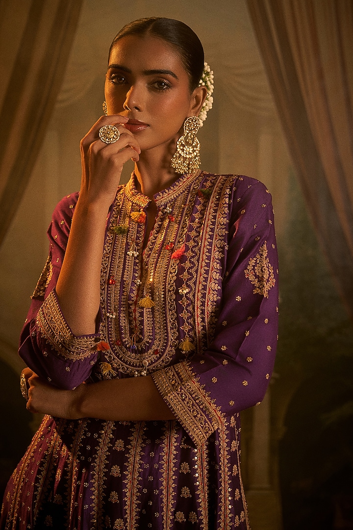 Purple Vegan Silk Embellished Kalidar Wedding Anarkali Set by SHRADDHA RAMBHIA at Pernia's Pop Up Shop